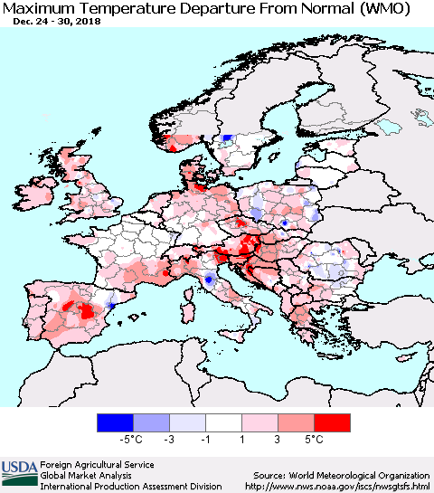 Europe Mean Maximum Temperature Departure from Normal (WMO) Thematic Map For 12/24/2018 - 12/30/2018