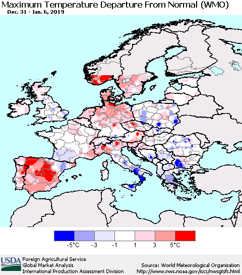 Europe Mean Maximum Temperature Departure from Normal (WMO) Thematic Map For 12/31/2018 - 1/6/2019