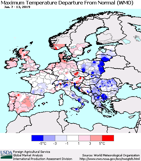 Europe Mean Maximum Temperature Departure from Normal (WMO) Thematic Map For 1/7/2019 - 1/13/2019