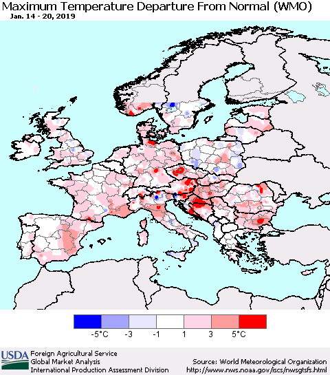 Europe Mean Maximum Temperature Departure from Normal (WMO) Thematic Map For 1/14/2019 - 1/20/2019