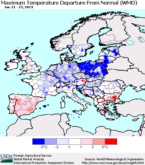 Europe Mean Maximum Temperature Departure from Normal (WMO) Thematic Map For 1/21/2019 - 1/27/2019