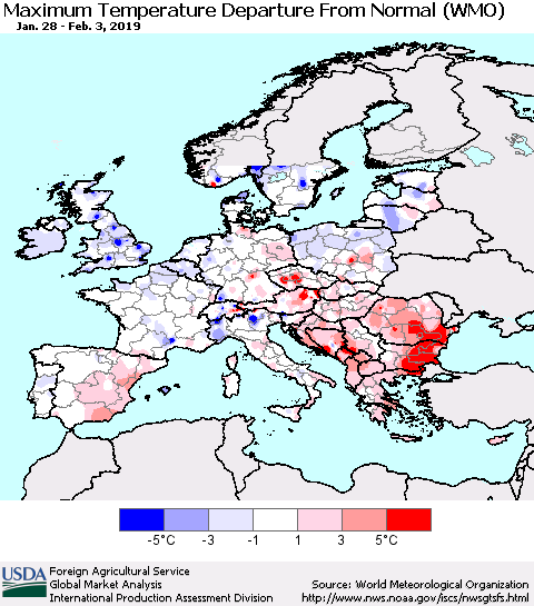 Europe Mean Maximum Temperature Departure from Normal (WMO) Thematic Map For 1/28/2019 - 2/3/2019