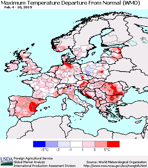 Europe Mean Maximum Temperature Departure from Normal (WMO) Thematic Map For 2/4/2019 - 2/10/2019