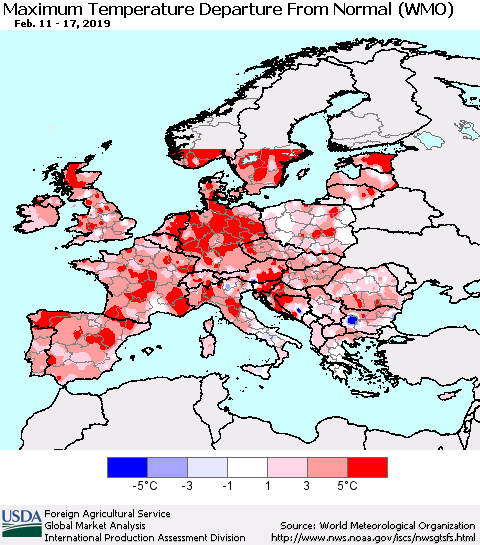 Europe Mean Maximum Temperature Departure from Normal (WMO) Thematic Map For 2/11/2019 - 2/17/2019