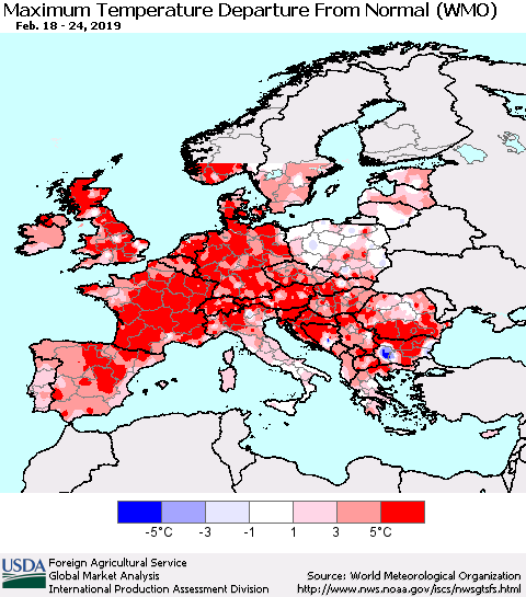 Europe Mean Maximum Temperature Departure from Normal (WMO) Thematic Map For 2/18/2019 - 2/24/2019
