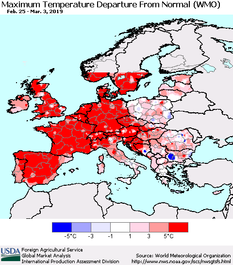 Europe Mean Maximum Temperature Departure from Normal (WMO) Thematic Map For 2/25/2019 - 3/3/2019
