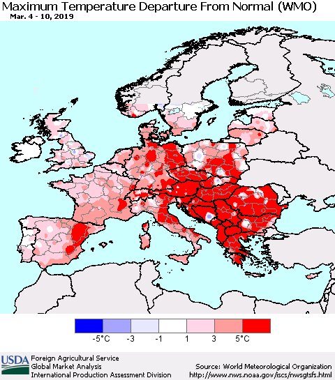 Europe Mean Maximum Temperature Departure from Normal (WMO) Thematic Map For 3/4/2019 - 3/10/2019