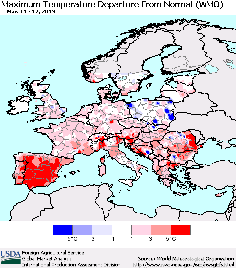 Europe Mean Maximum Temperature Departure from Normal (WMO) Thematic Map For 3/11/2019 - 3/17/2019