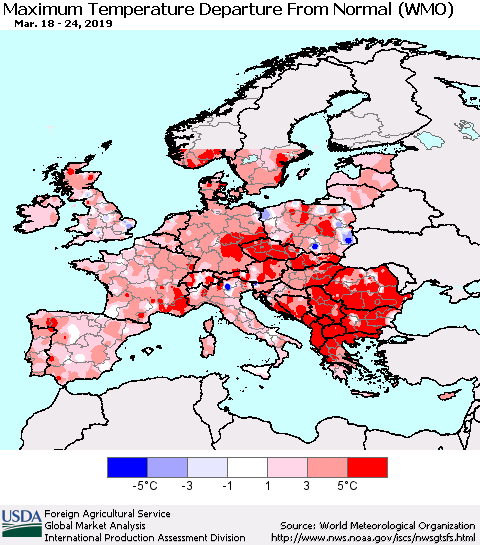 Europe Mean Maximum Temperature Departure from Normal (WMO) Thematic Map For 3/18/2019 - 3/24/2019