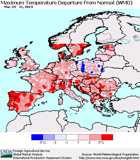 Europe Mean Maximum Temperature Departure from Normal (WMO) Thematic Map For 3/25/2019 - 3/31/2019