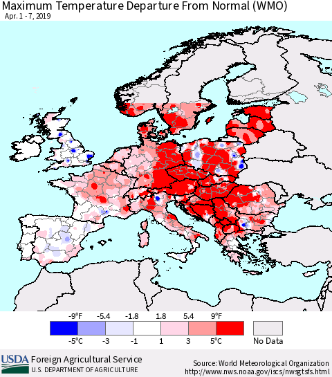 Europe Mean Maximum Temperature Departure from Normal (WMO) Thematic Map For 4/1/2019 - 4/7/2019