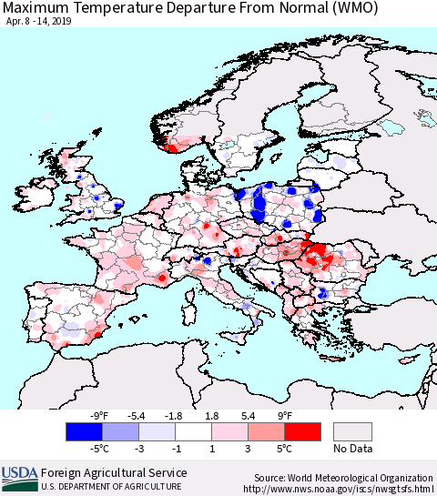 Europe Mean Maximum Temperature Departure from Normal (WMO) Thematic Map For 4/8/2019 - 4/14/2019