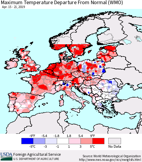 Europe Mean Maximum Temperature Departure from Normal (WMO) Thematic Map For 4/15/2019 - 4/21/2019