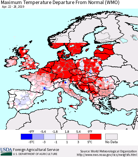 Europe Mean Maximum Temperature Departure from Normal (WMO) Thematic Map For 4/22/2019 - 4/28/2019
