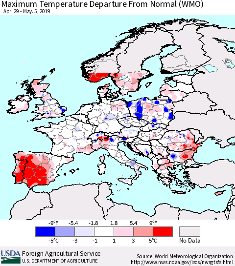 Europe Mean Maximum Temperature Departure from Normal (WMO) Thematic Map For 4/29/2019 - 5/5/2019