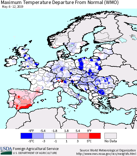 Europe Mean Maximum Temperature Departure from Normal (WMO) Thematic Map For 5/6/2019 - 5/12/2019