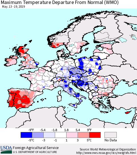 Europe Mean Maximum Temperature Departure from Normal (WMO) Thematic Map For 5/13/2019 - 5/19/2019
