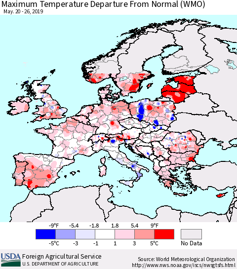 Europe Mean Maximum Temperature Departure from Normal (WMO) Thematic Map For 5/20/2019 - 5/26/2019