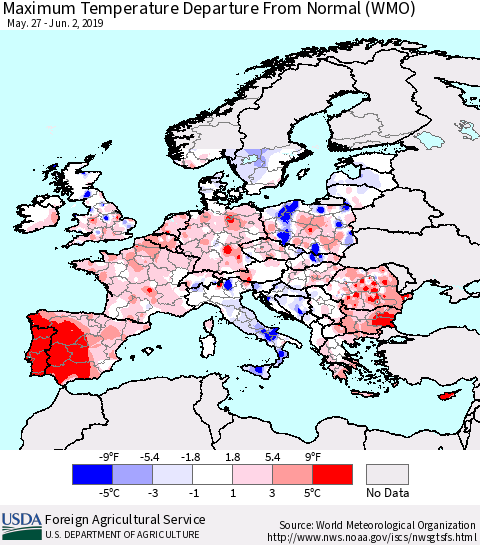 Europe Mean Maximum Temperature Departure from Normal (WMO) Thematic Map For 5/27/2019 - 6/2/2019