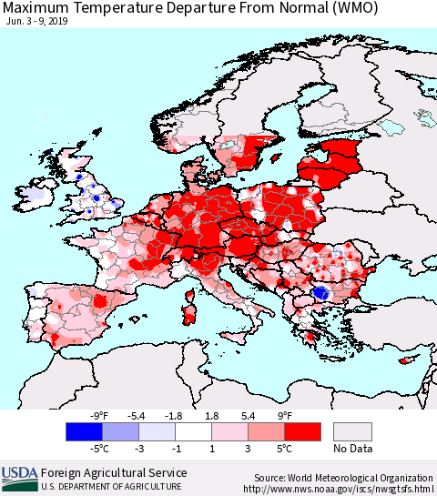 Europe Mean Maximum Temperature Departure from Normal (WMO) Thematic Map For 6/3/2019 - 6/9/2019