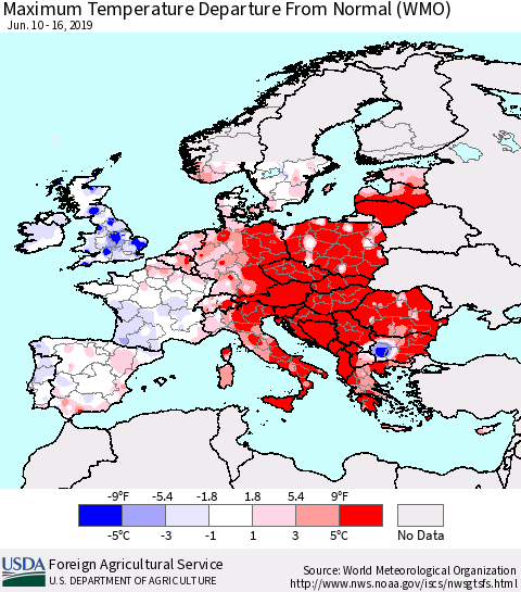 Europe Mean Maximum Temperature Departure from Normal (WMO) Thematic Map For 6/10/2019 - 6/16/2019