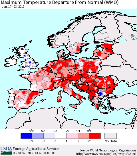 Europe Mean Maximum Temperature Departure from Normal (WMO) Thematic Map For 6/17/2019 - 6/23/2019