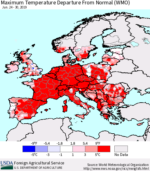 Europe Mean Maximum Temperature Departure from Normal (WMO) Thematic Map For 6/24/2019 - 6/30/2019