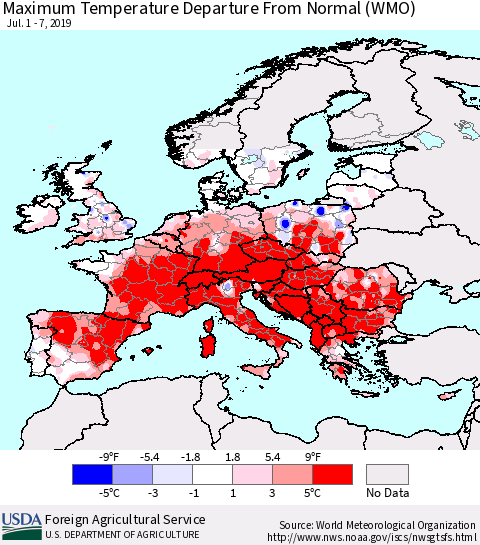 Europe Mean Maximum Temperature Departure from Normal (WMO) Thematic Map For 7/1/2019 - 7/7/2019