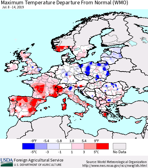 Europe Mean Maximum Temperature Departure from Normal (WMO) Thematic Map For 7/8/2019 - 7/14/2019