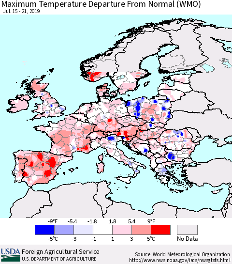Europe Mean Maximum Temperature Departure from Normal (WMO) Thematic Map For 7/15/2019 - 7/21/2019