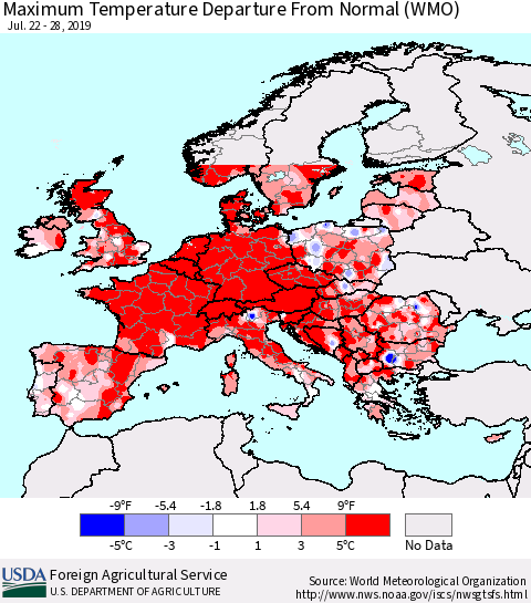 Europe Mean Maximum Temperature Departure from Normal (WMO) Thematic Map For 7/22/2019 - 7/28/2019