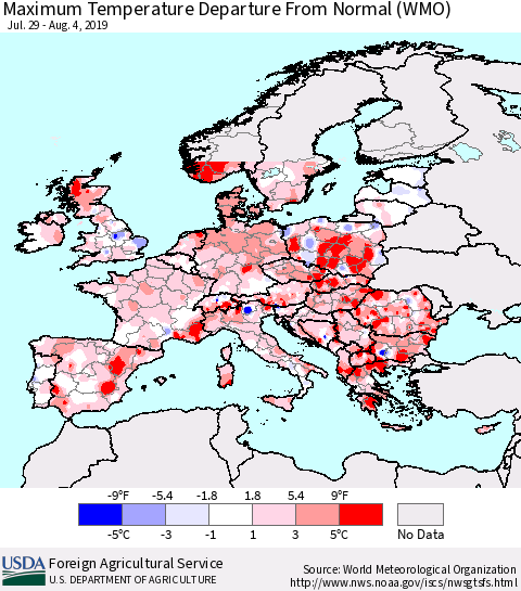 Europe Mean Maximum Temperature Departure from Normal (WMO) Thematic Map For 7/29/2019 - 8/4/2019