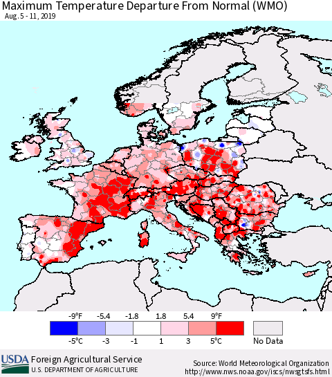 Europe Mean Maximum Temperature Departure from Normal (WMO) Thematic Map For 8/5/2019 - 8/11/2019