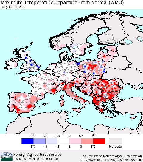 Europe Mean Maximum Temperature Departure from Normal (WMO) Thematic Map For 8/12/2019 - 8/18/2019