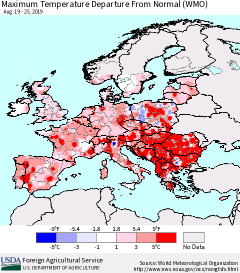 Europe Mean Maximum Temperature Departure from Normal (WMO) Thematic Map For 8/19/2019 - 8/25/2019