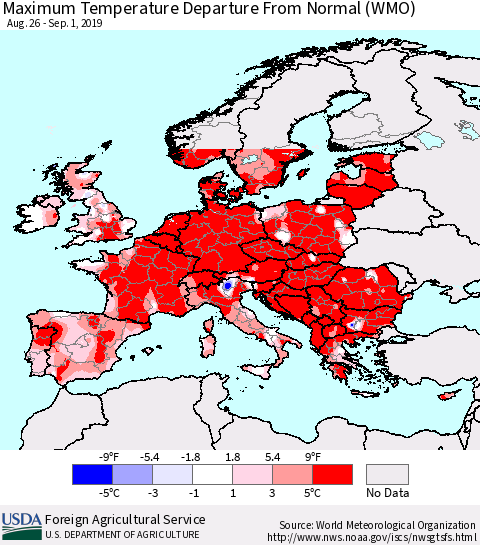 Europe Mean Maximum Temperature Departure from Normal (WMO) Thematic Map For 8/26/2019 - 9/1/2019
