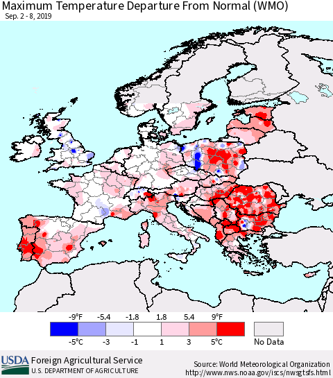 Europe Mean Maximum Temperature Departure from Normal (WMO) Thematic Map For 9/2/2019 - 9/8/2019
