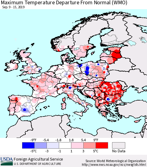 Europe Mean Maximum Temperature Departure from Normal (WMO) Thematic Map For 9/9/2019 - 9/15/2019
