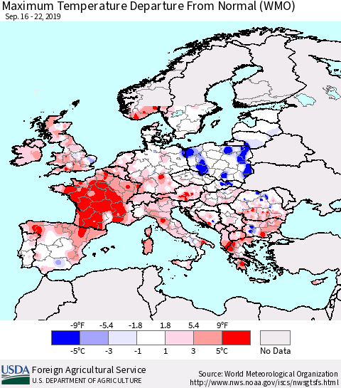Europe Mean Maximum Temperature Departure from Normal (WMO) Thematic Map For 9/16/2019 - 9/22/2019