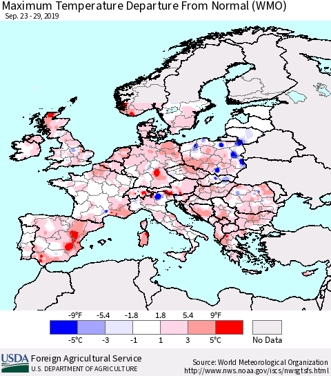 Europe Mean Maximum Temperature Departure from Normal (WMO) Thematic Map For 9/23/2019 - 9/29/2019