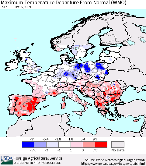 Europe Mean Maximum Temperature Departure from Normal (WMO) Thematic Map For 9/30/2019 - 10/6/2019