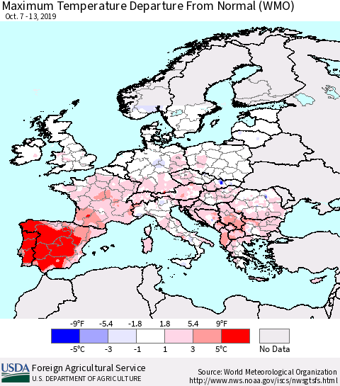 Europe Mean Maximum Temperature Departure from Normal (WMO) Thematic Map For 10/7/2019 - 10/13/2019