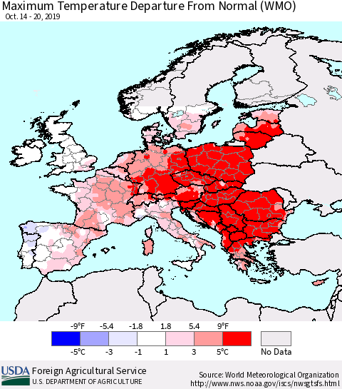 Europe Mean Maximum Temperature Departure from Normal (WMO) Thematic Map For 10/14/2019 - 10/20/2019