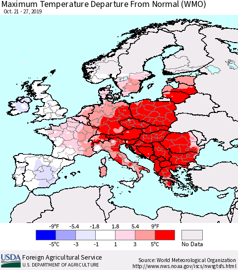 Europe Mean Maximum Temperature Departure from Normal (WMO) Thematic Map For 10/21/2019 - 10/27/2019