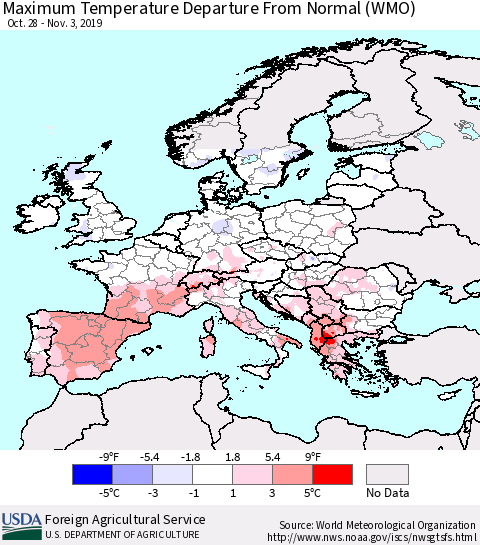 Europe Mean Maximum Temperature Departure from Normal (WMO) Thematic Map For 10/28/2019 - 11/3/2019