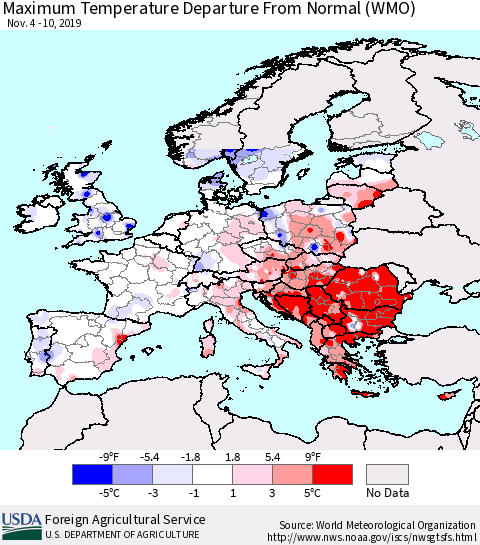 Europe Mean Maximum Temperature Departure from Normal (WMO) Thematic Map For 11/4/2019 - 11/10/2019