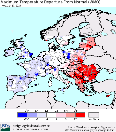 Europe Mean Maximum Temperature Departure from Normal (WMO) Thematic Map For 11/11/2019 - 11/17/2019