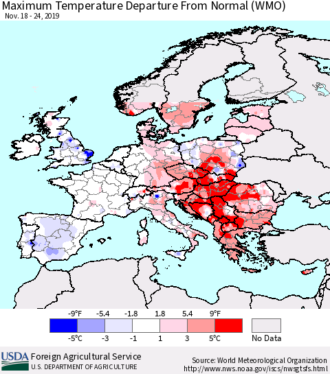 Europe Mean Maximum Temperature Departure from Normal (WMO) Thematic Map For 11/18/2019 - 11/24/2019