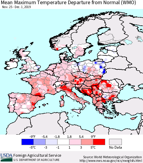 Europe Mean Maximum Temperature Departure from Normal (WMO) Thematic Map For 11/25/2019 - 12/1/2019