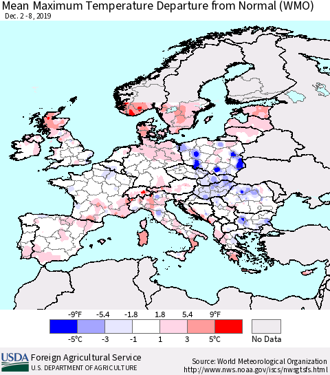 Europe Mean Maximum Temperature Departure from Normal (WMO) Thematic Map For 12/2/2019 - 12/8/2019